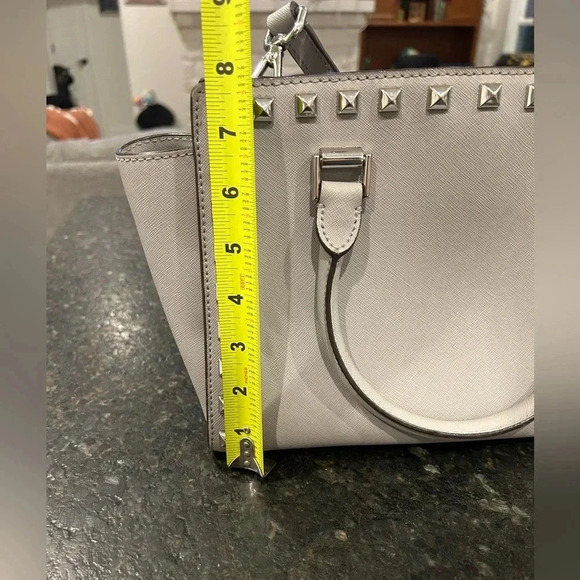 Michael Kors Selma Stud Satchel Bag Purse Grey Cement Saffiano Leather - Picture 12 of 14